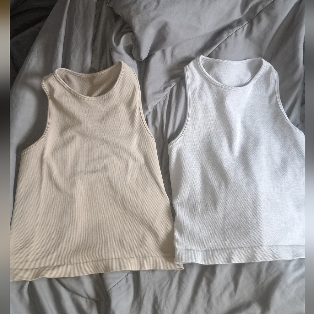 Bria Brami Crop Tanks by Chelsea Deboer: Set Of 2- Tan/Gray-XL